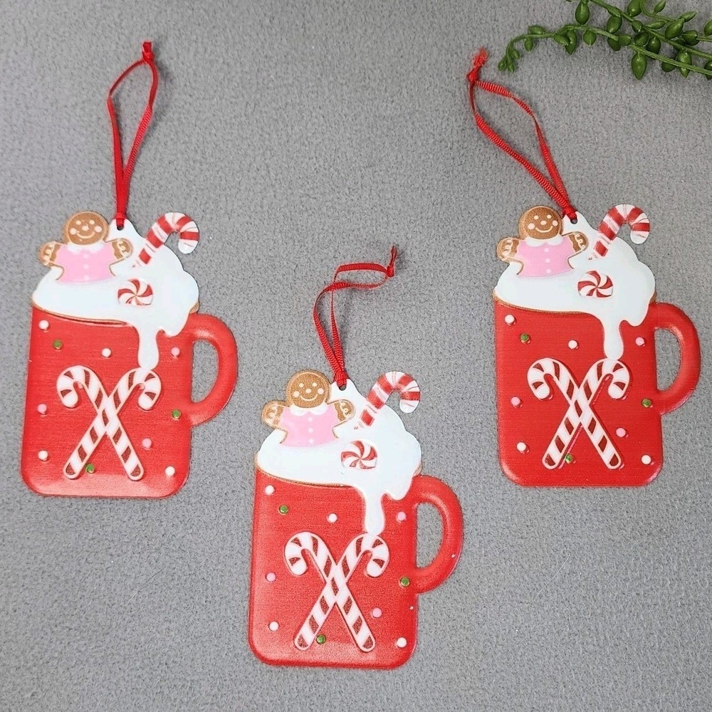 Christmas Cocoa Gingerbread Cookie Mug Ornaments Candy Canes Metal Red 3 Pc 5"